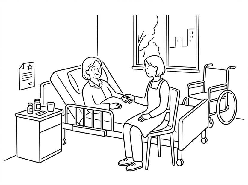 ベッドで寝ている方とそばに座る介護者