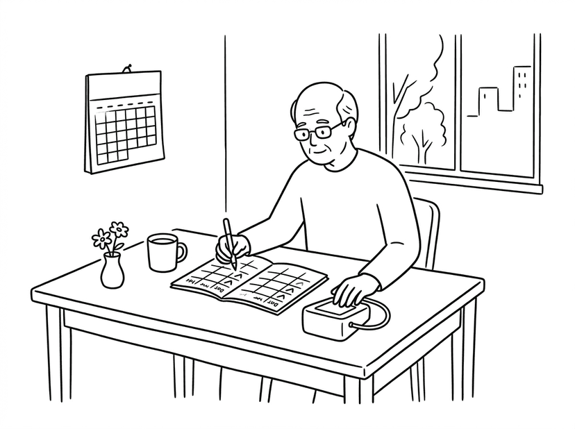 自宅で体調を記録する男性