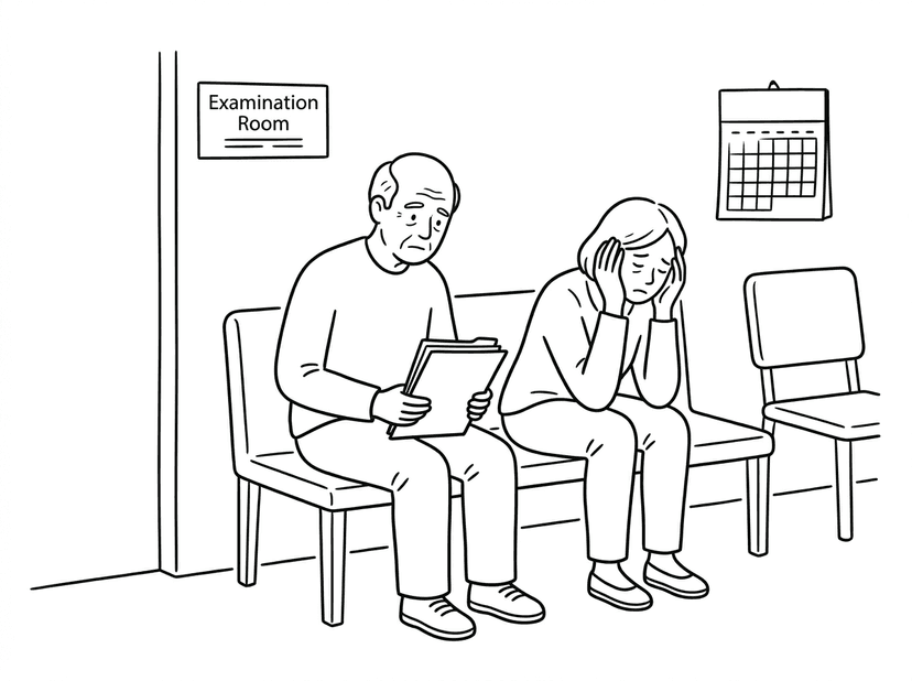 病院の待合室で疲れている家族