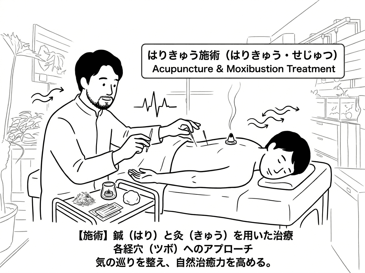 鍼灸施術のイラスト — 鍼と灸を用いた経絡治療