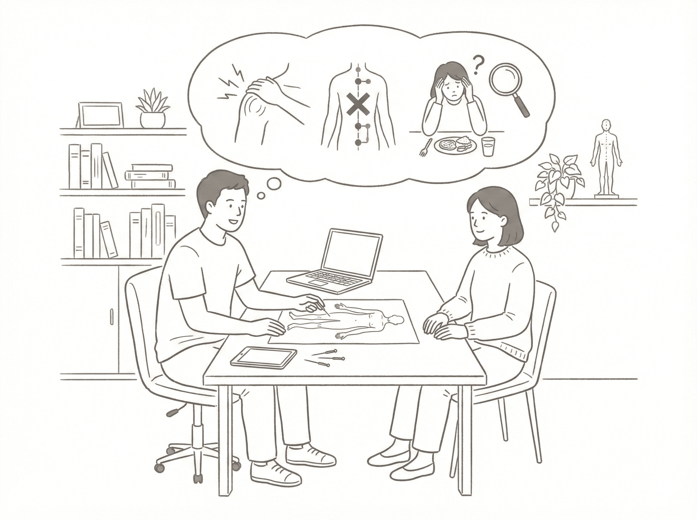 問診で患者の話を丁寧に聞く鍼灸師のイラスト